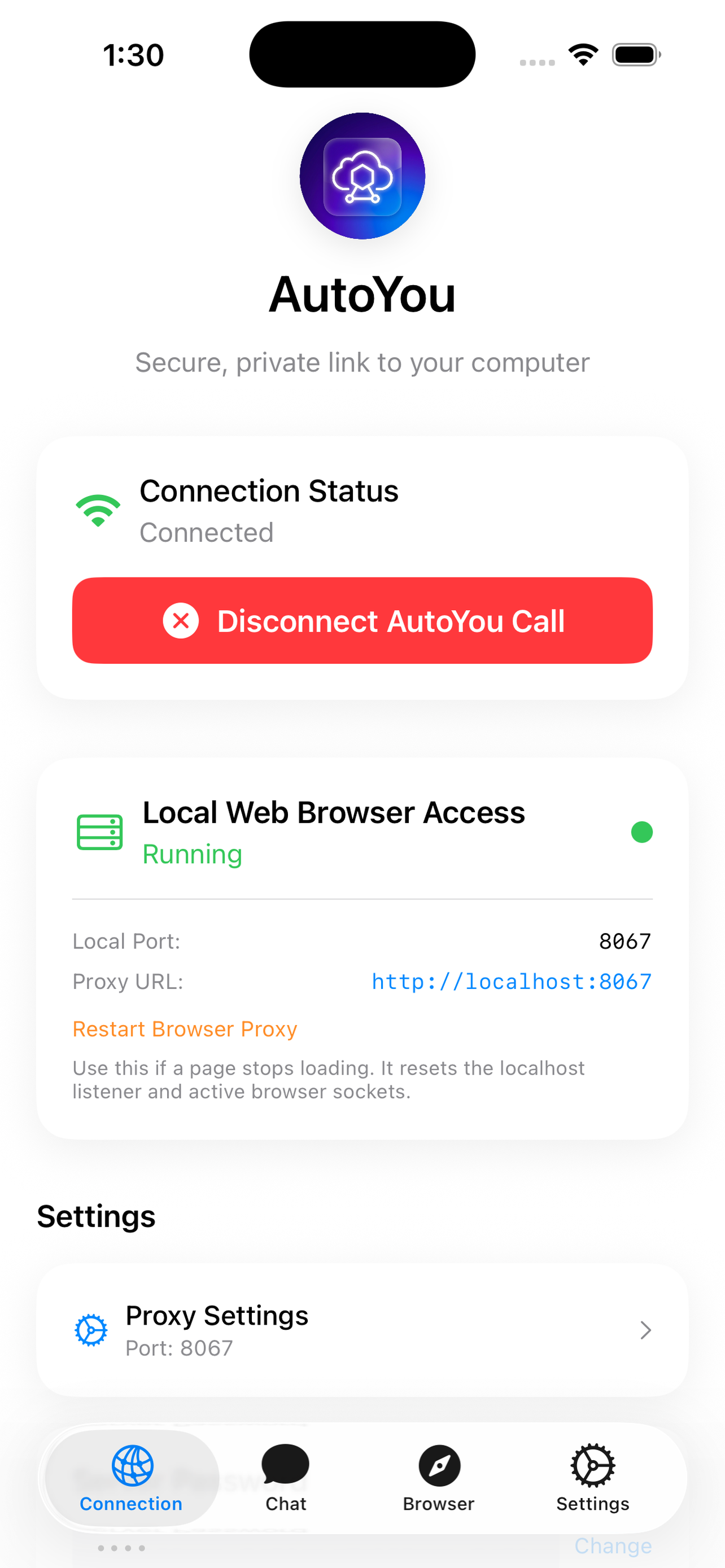 AutoYou connected home screen showing active connection to your computer