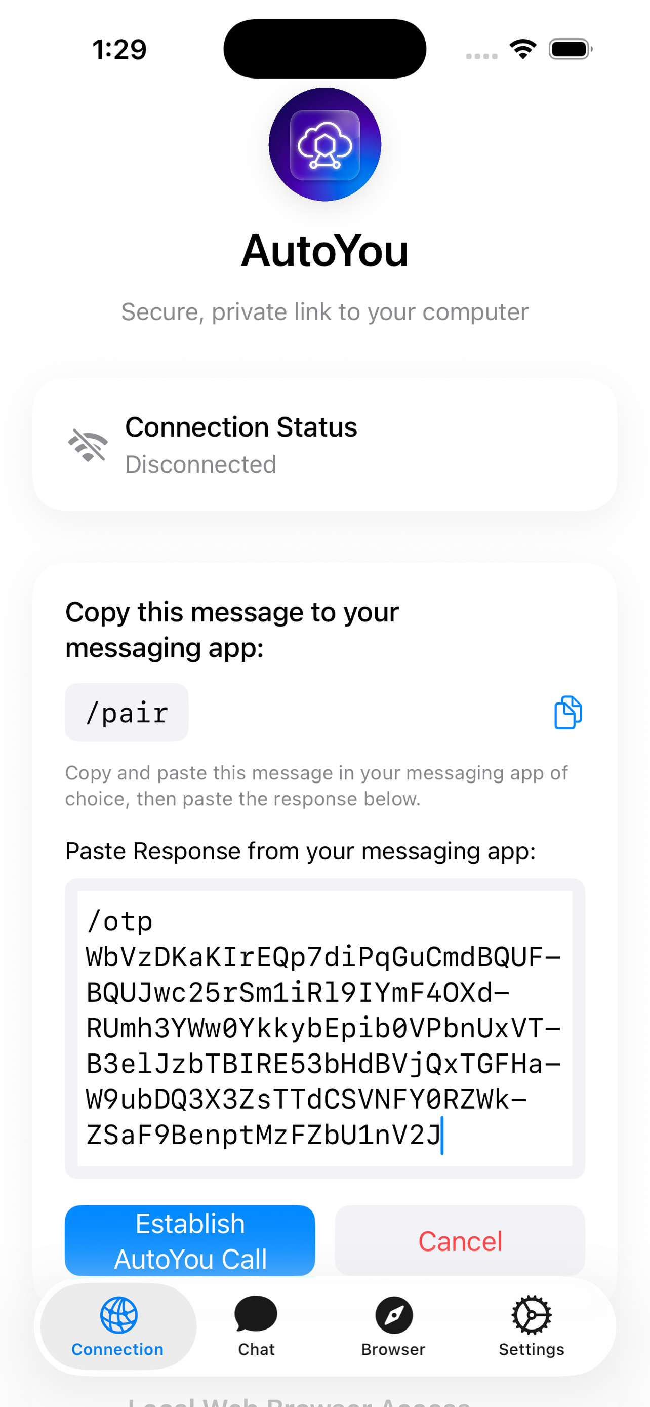 AutoYou app OTP pairing screen